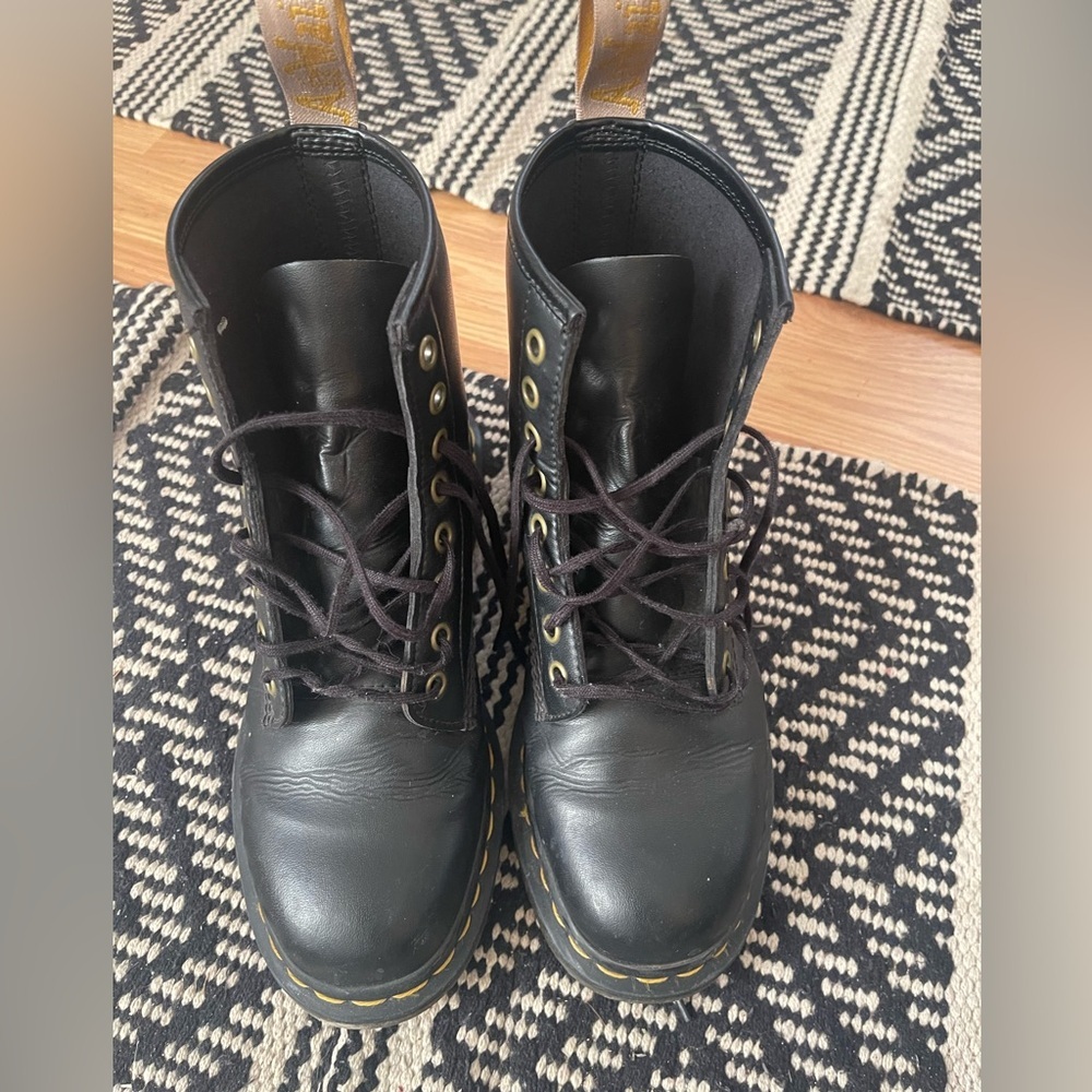 Dr. Martens Black Leather Lace-Up Combat Boots with Yellow Stitching - Picture 2 of 5